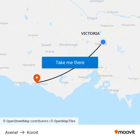 Avenel to Koroit map