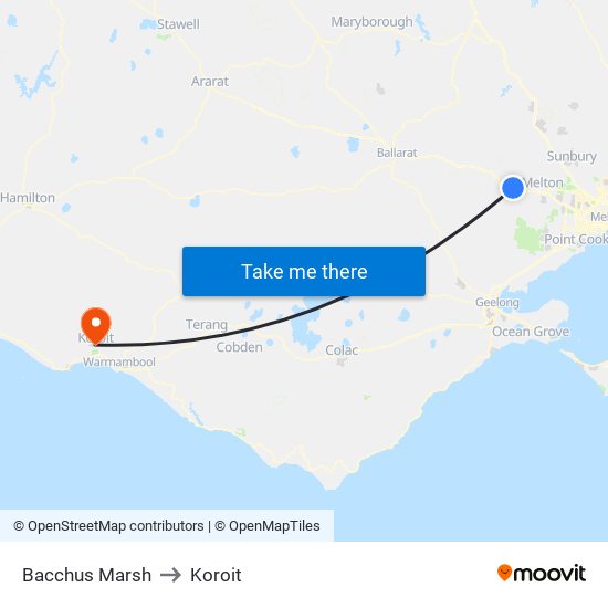 Bacchus Marsh to Koroit map