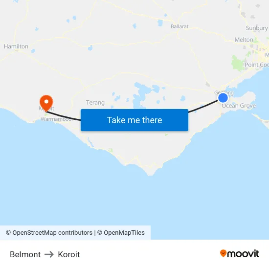 Belmont to Koroit map