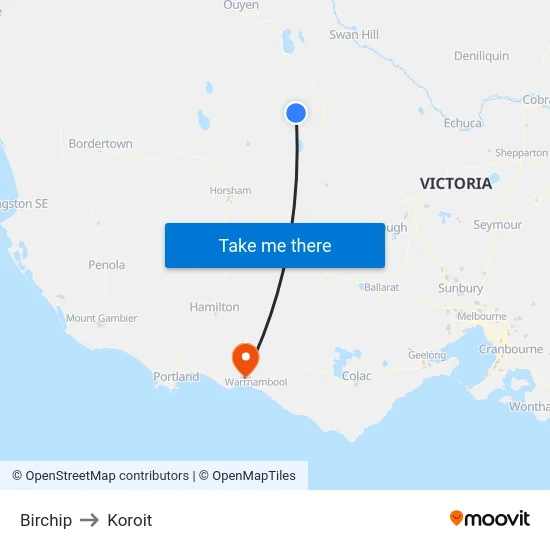 Birchip to Koroit map