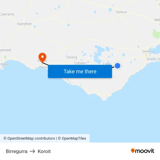 Birregurra to Koroit map