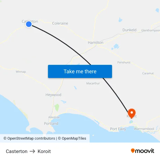 Casterton to Koroit map