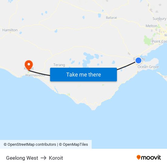 Geelong West to Koroit map