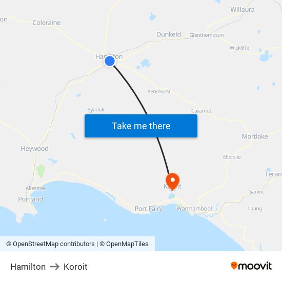Hamilton to Koroit map
