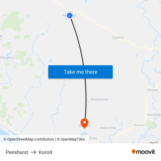 Penshurst to Koroit map