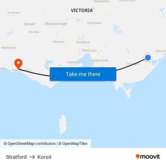 Stratford to Koroit map