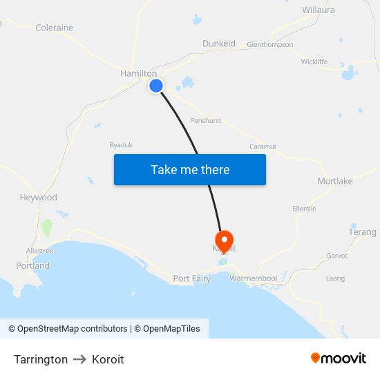 Tarrington to Koroit map