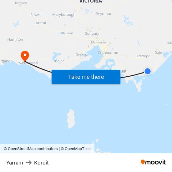 Yarram to Koroit map