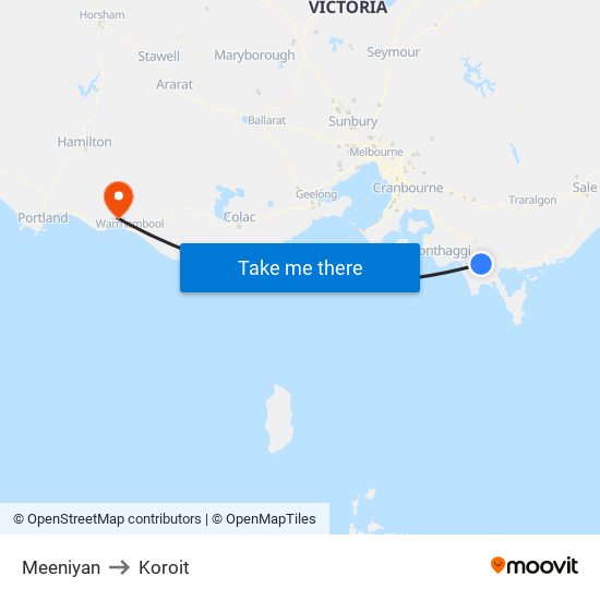 Meeniyan to Koroit map