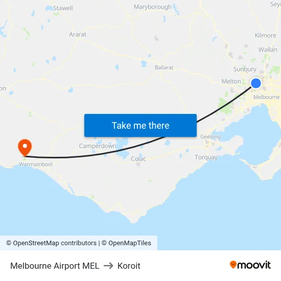 Melbourne Airport MEL to Koroit map