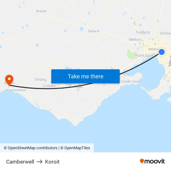 Camberwell to Koroit map