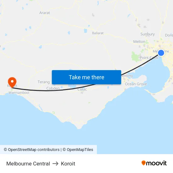 Melbourne Central to Koroit map