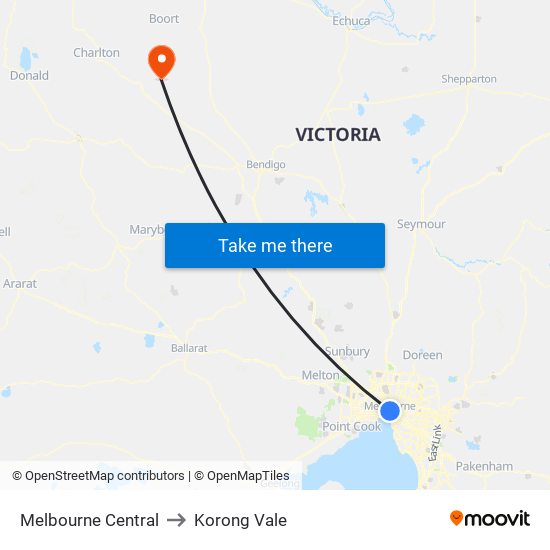 Melbourne Central to Korong Vale map