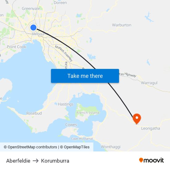 Aberfeldie to Korumburra map