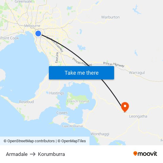 Armadale to Korumburra map