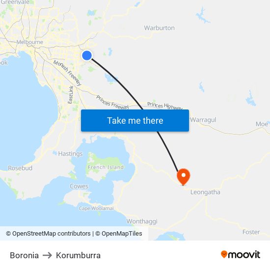 Boronia to Korumburra map