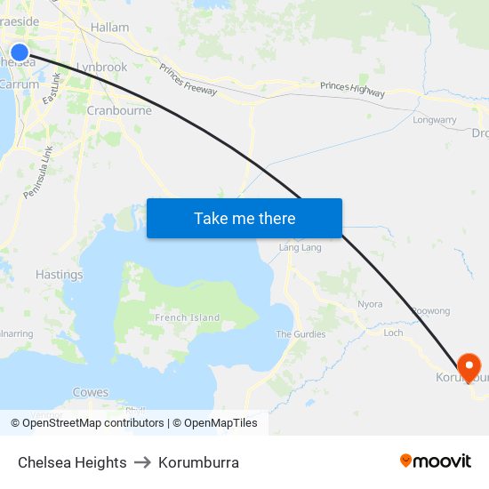 Chelsea Heights to Korumburra map