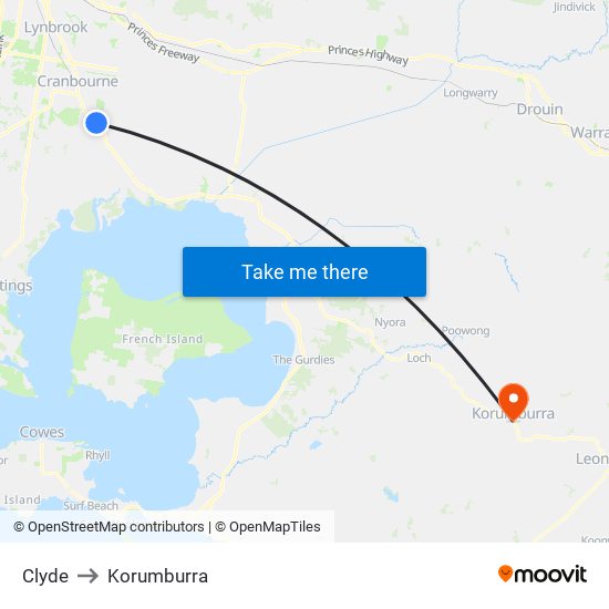 Clyde to Korumburra map