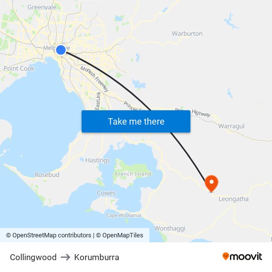 Collingwood to Korumburra map
