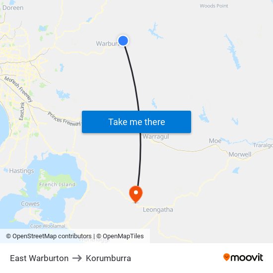 East Warburton to Korumburra map