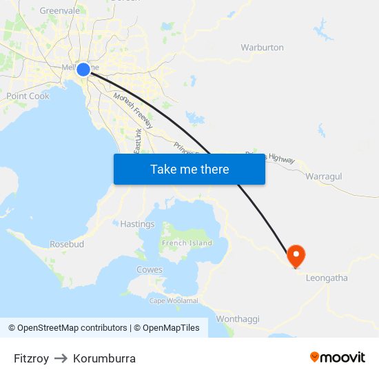 Fitzroy to Korumburra map