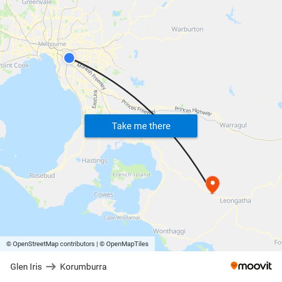 Glen Iris to Korumburra map