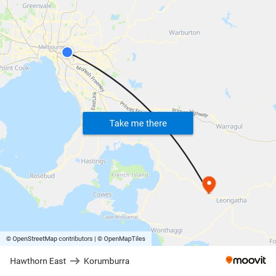 Hawthorn East to Korumburra map