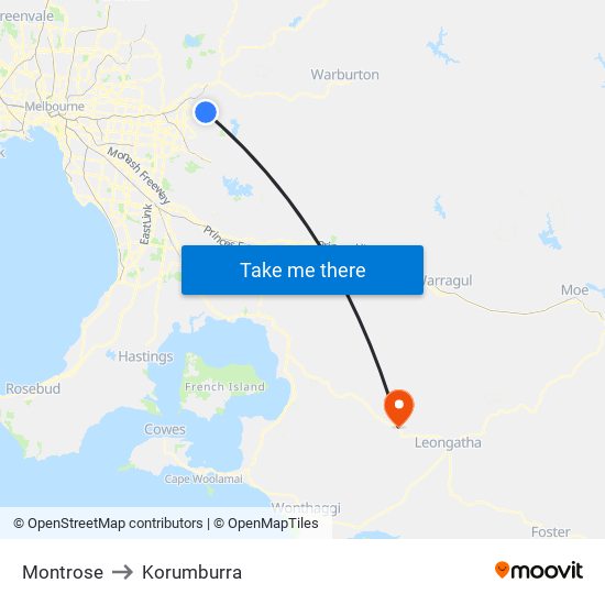 Montrose to Korumburra map