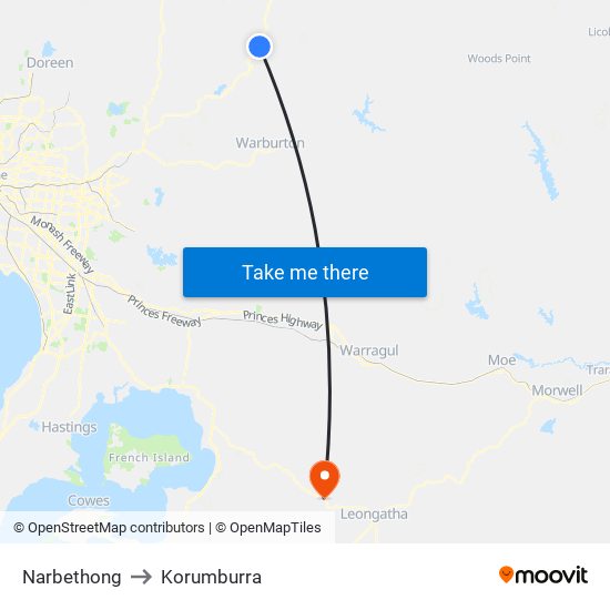 Narbethong to Korumburra map