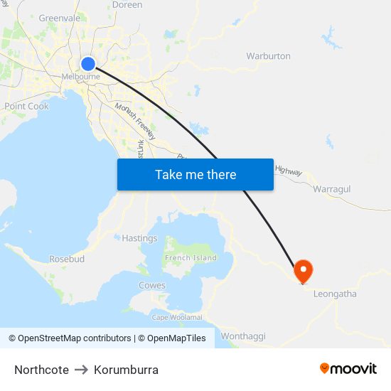 Northcote to Korumburra map