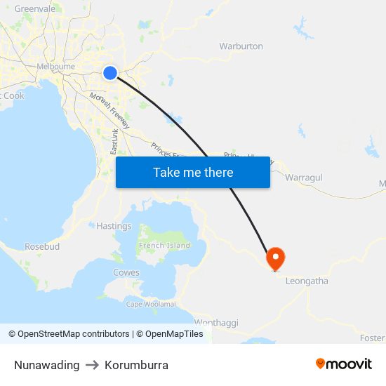 Nunawading to Korumburra map
