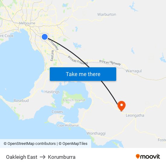 Oakleigh East to Korumburra map