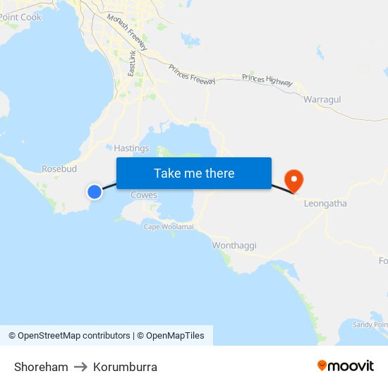 Shoreham to Korumburra map