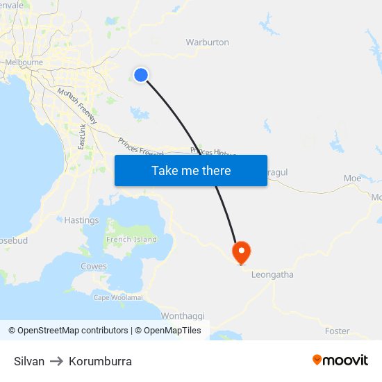 Silvan to Korumburra map