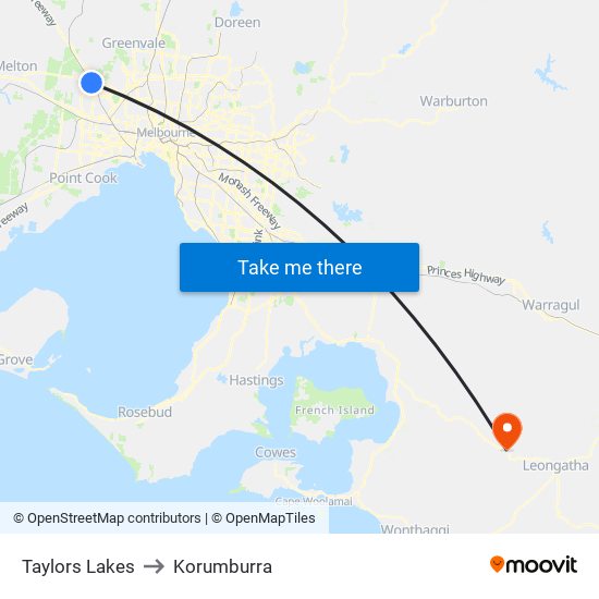 Taylors Lakes to Korumburra map