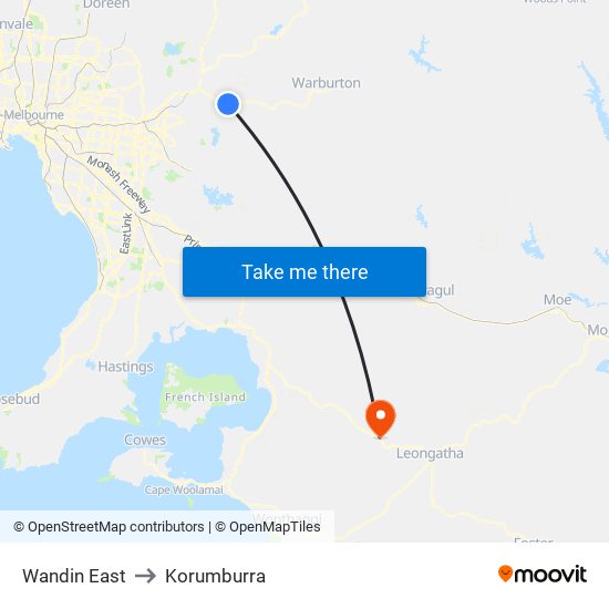 Wandin East to Korumburra map