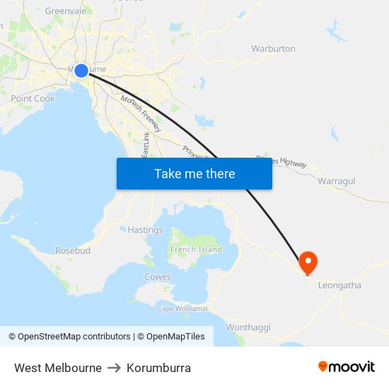 West Melbourne to Korumburra map