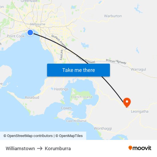 Williamstown to Korumburra map