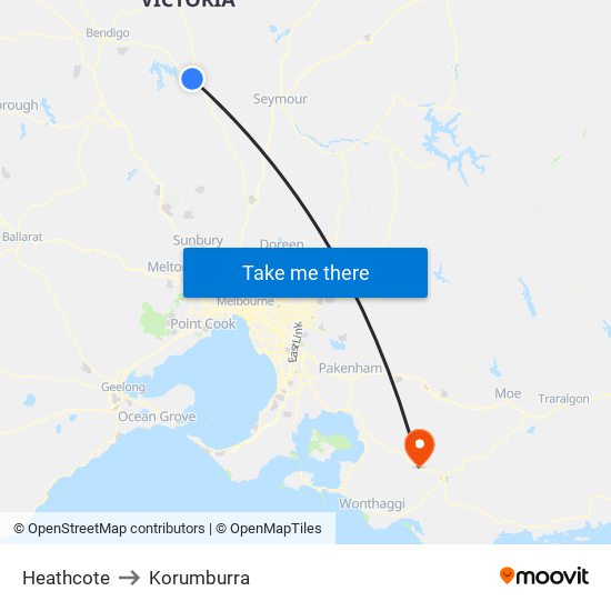 Heathcote to Korumburra map