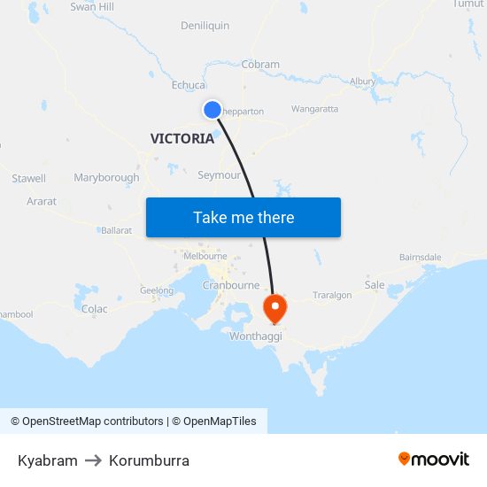 Kyabram to Korumburra map