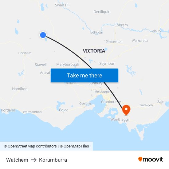 Watchem to Korumburra map