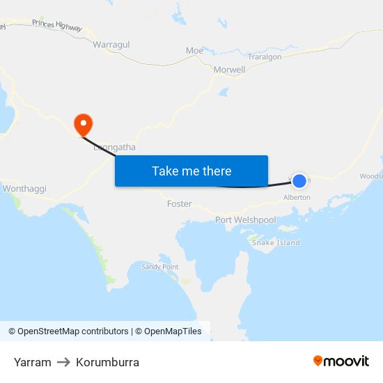 Yarram to Korumburra map