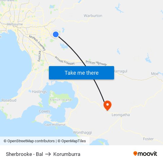 Sherbrooke - Bal to Korumburra map