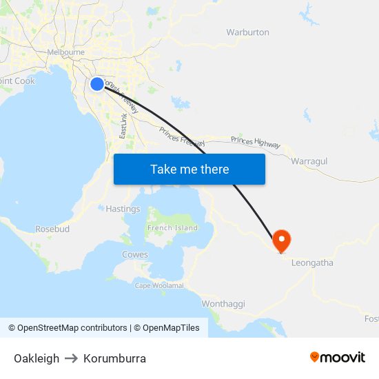 Oakleigh to Korumburra map