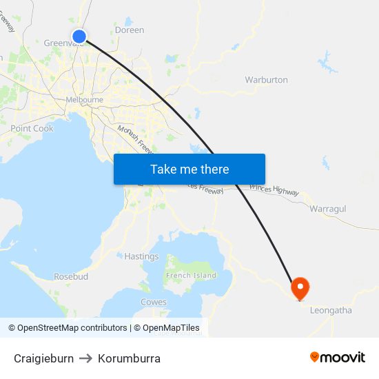 Craigieburn to Korumburra map