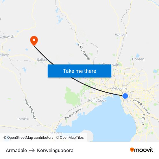 Armadale to Korweinguboora map