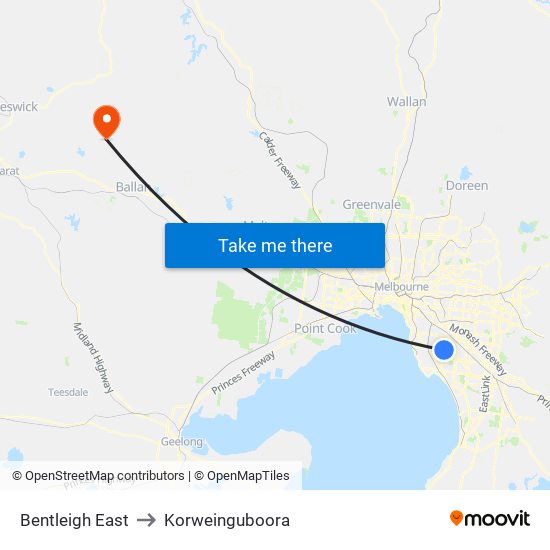 Bentleigh East to Korweinguboora map