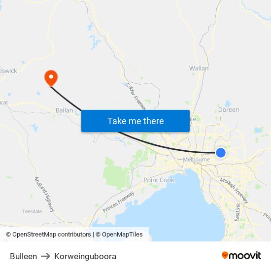 Bulleen to Korweinguboora map