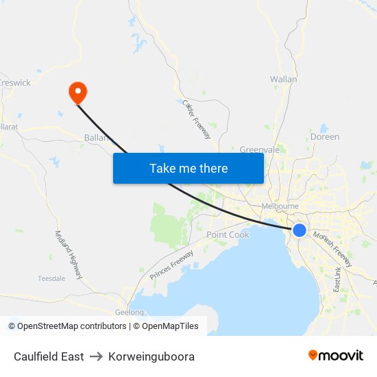 Caulfield East to Korweinguboora map