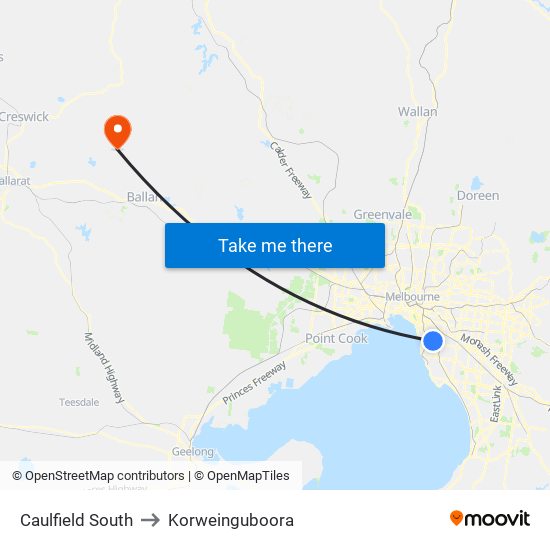 Caulfield South to Korweinguboora map